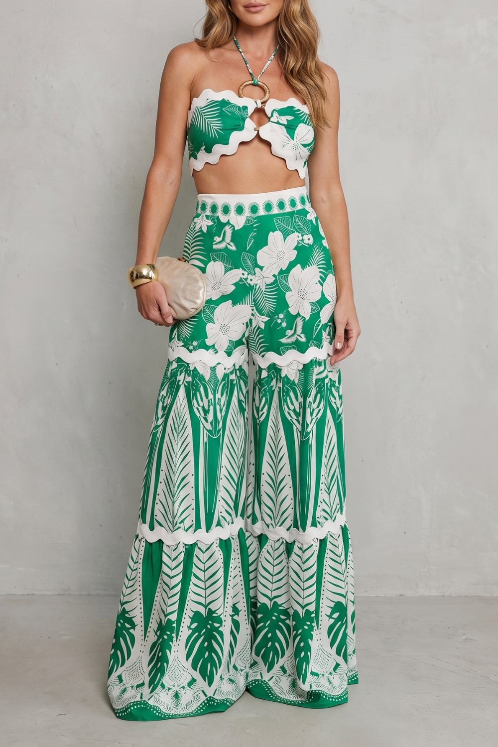 Cora | Tropical Print Halter Crop Top &amp; Wide-Leg Pant Set