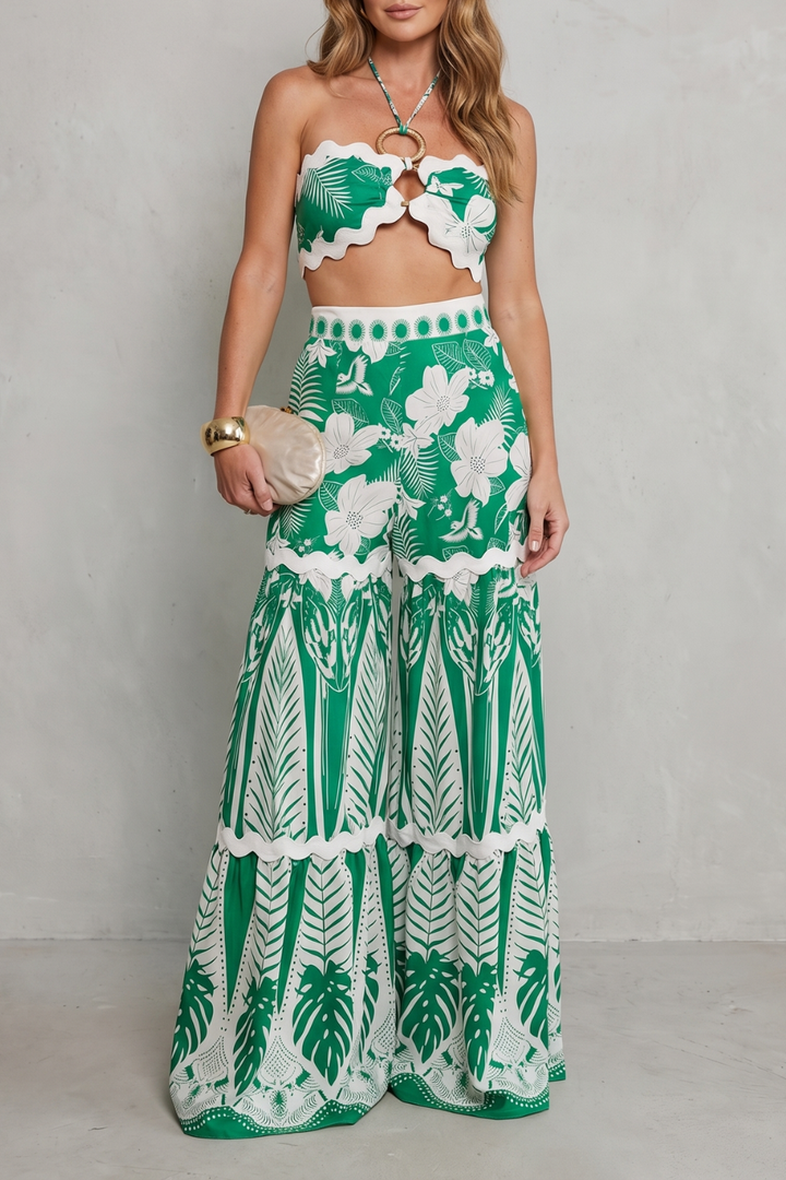 Cora | Tropical Print Halter Crop Top &amp; Wide-Leg Pant Set