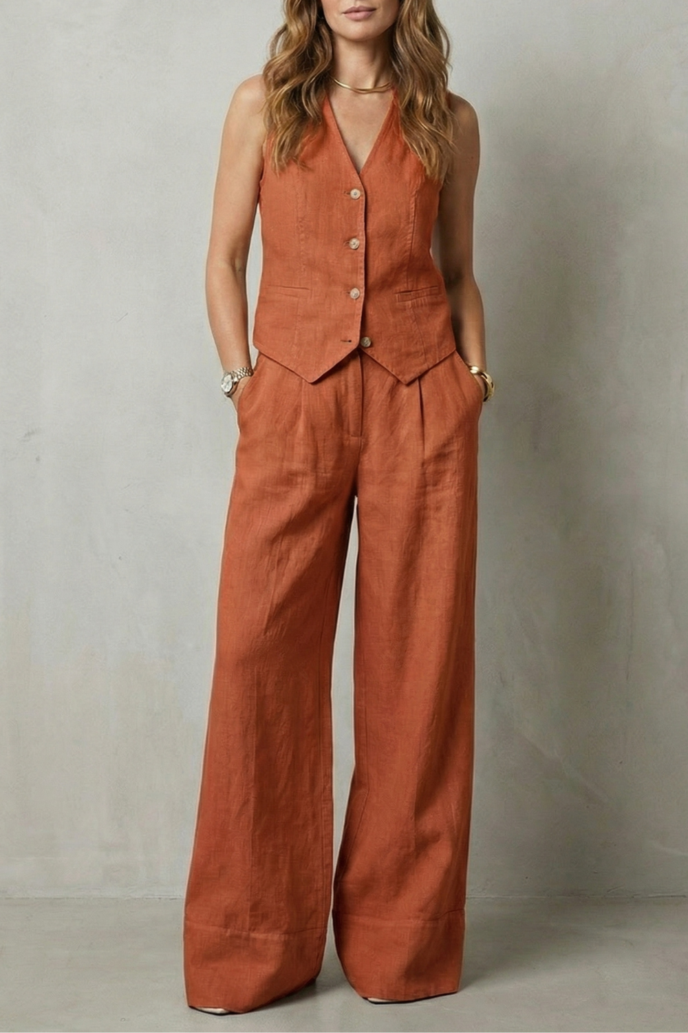 Linéaura | Sleeveless Tailored Vest &amp; Wide-Leg Pant Set