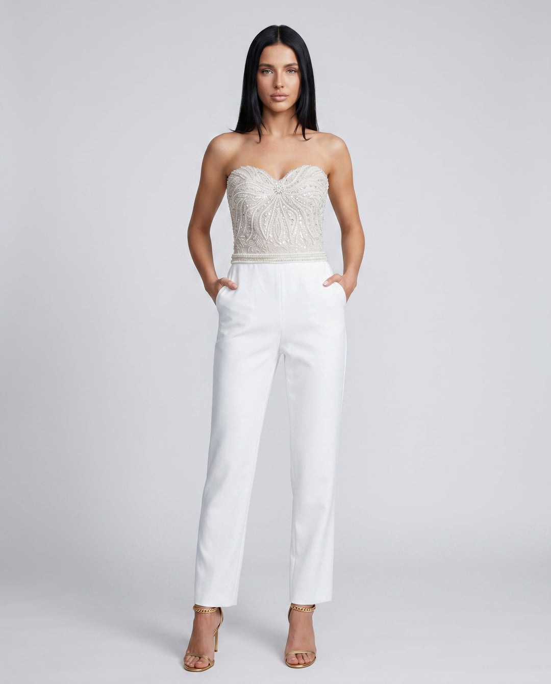 Selène | Strapless Sequin Bodice Straight Leg Jumpsuit