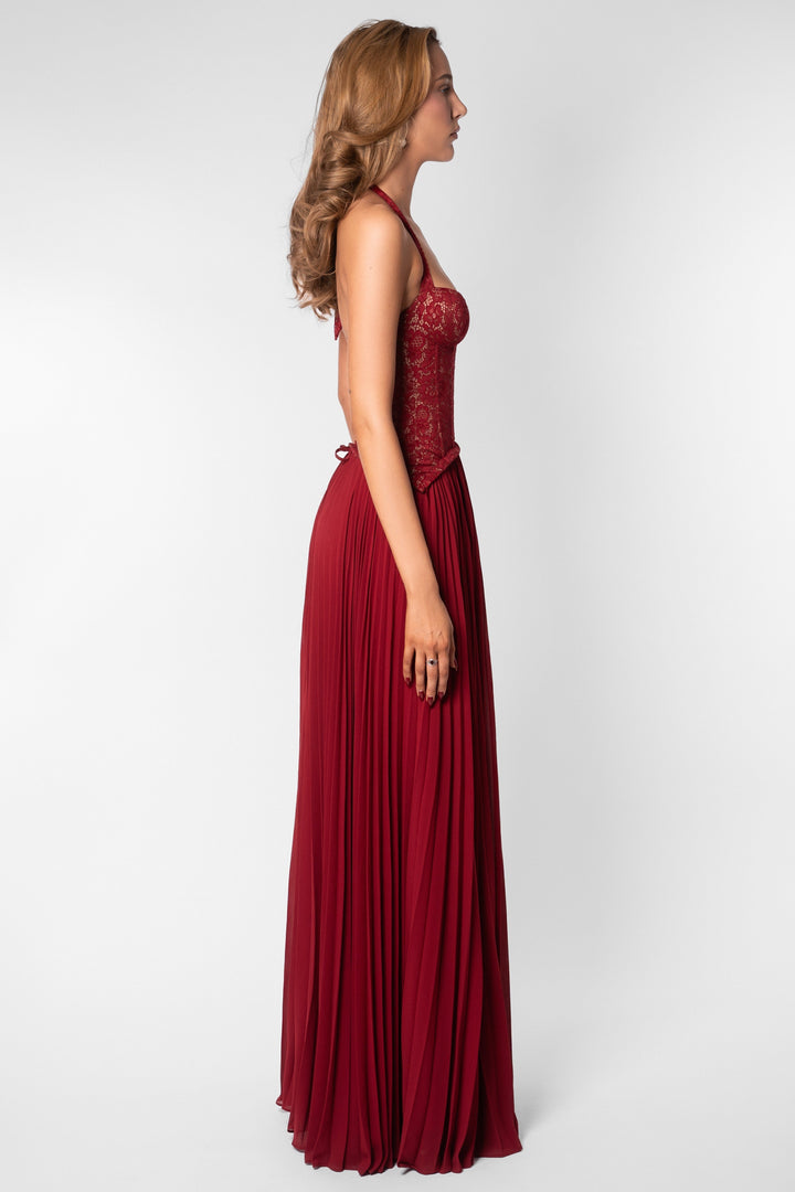 Ottilie | Sweetheart Lace Chiffon Pleated Maxi Dress