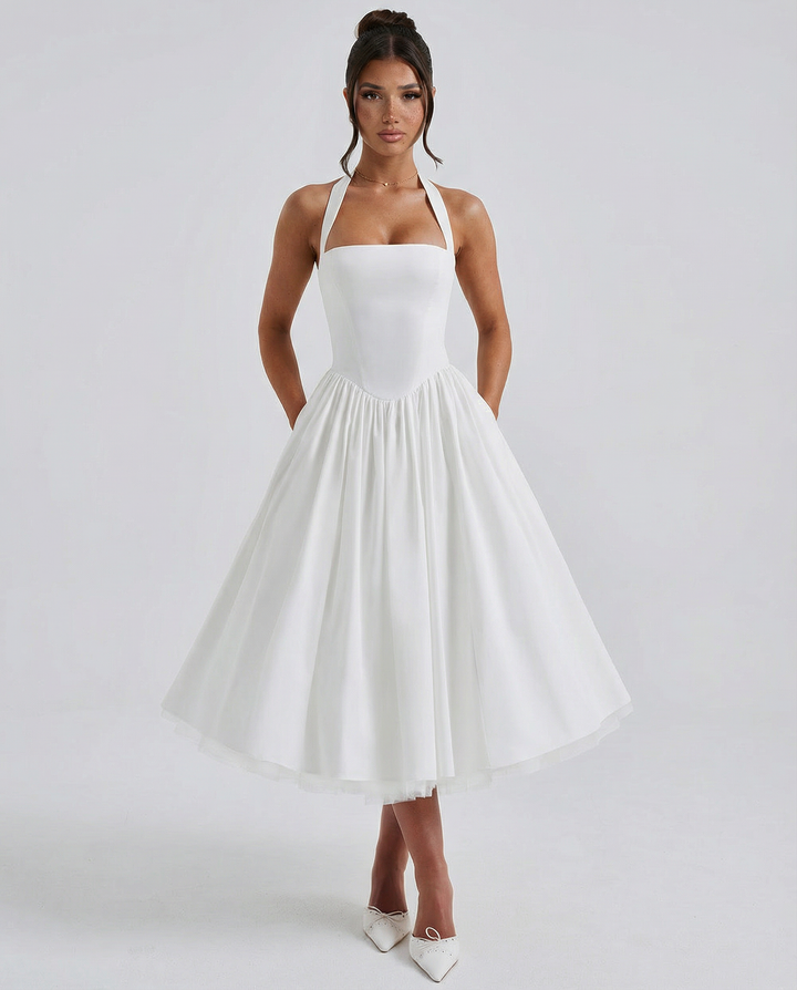 Lena | Midi Halter Neck Lace-Up Back Dress