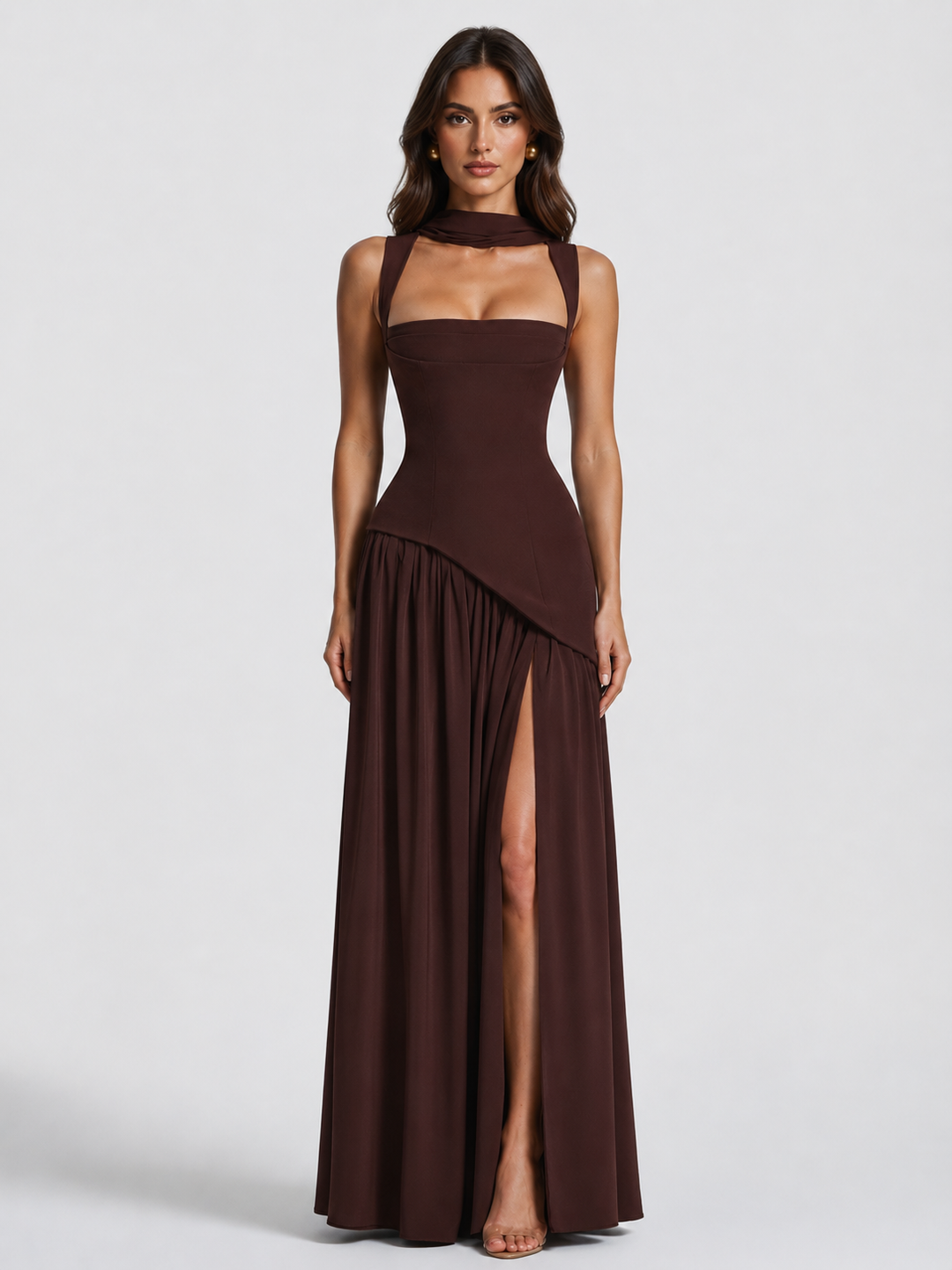 Ines | Sculpted Draped Satin Feel Maxi Dress