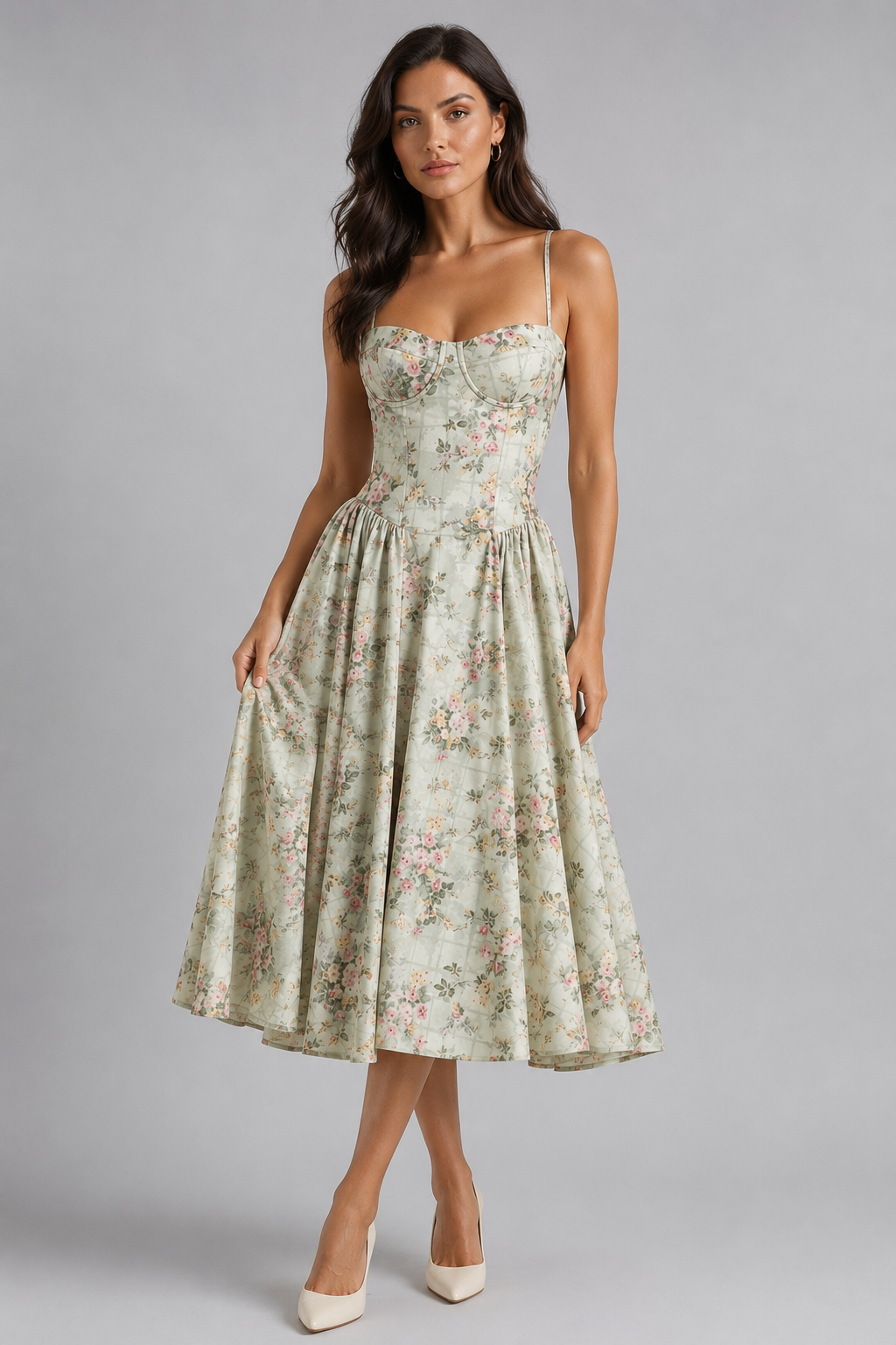 Kira | Floral Corset Sweetheart Midi Dress
