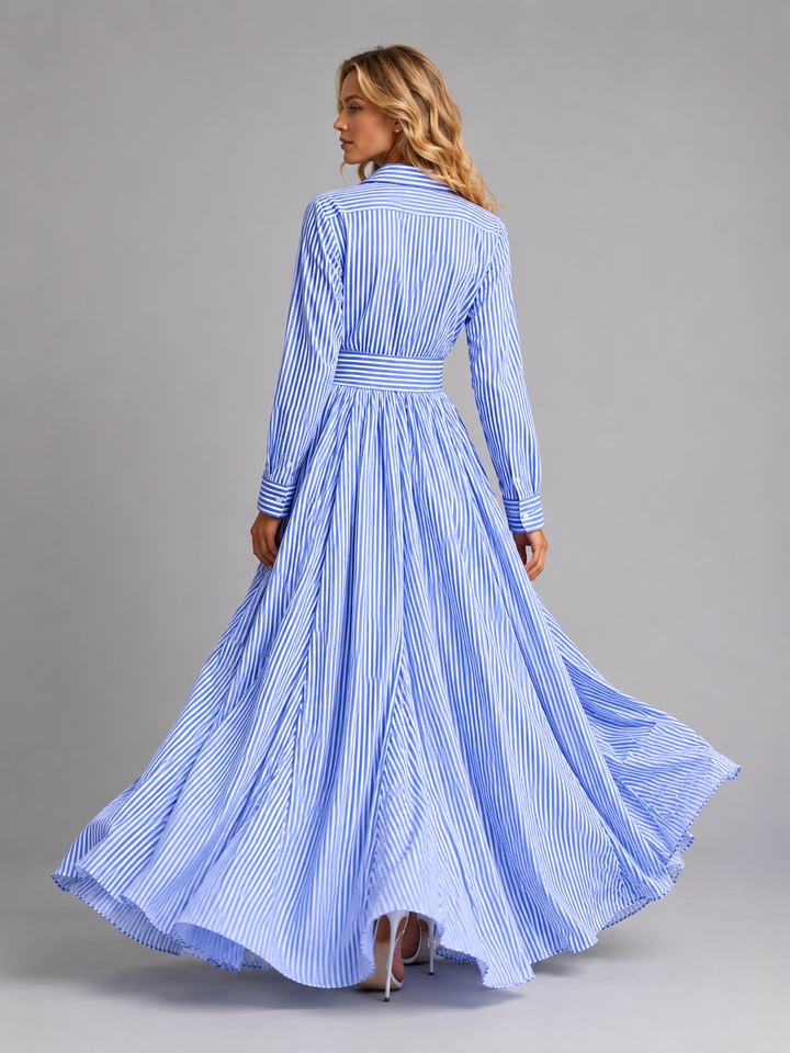 Edith | Cinched Waist Striped Shirt Maxi Dress
